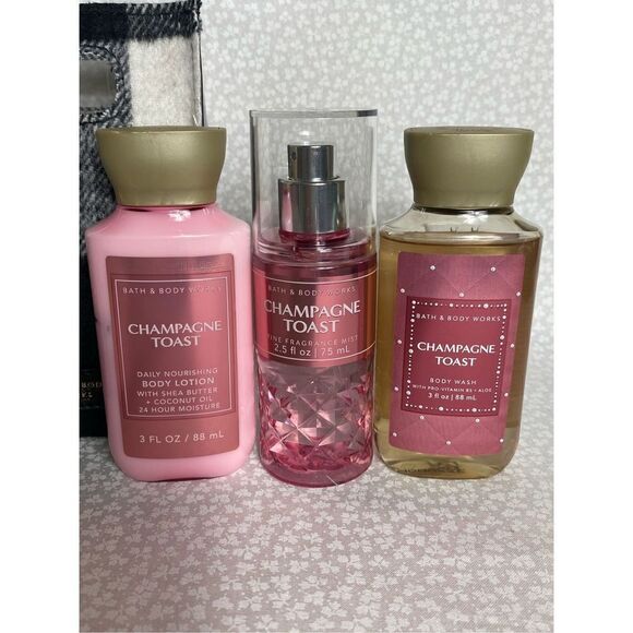 Bath and Body Works CHAMPAGNE TOAST 3PC  Travel Set With Black/White Plaid Gift - Picture 2 of 6